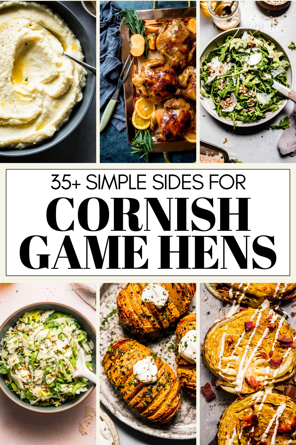 Collage of side dishes for cornish hens with text overlay.