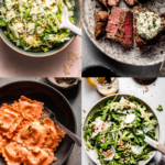 Collage of sides for lobster ravioli.