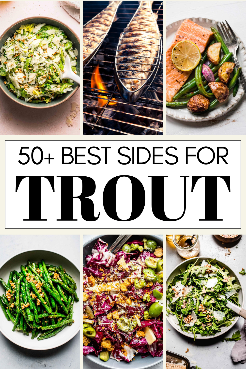 Collage of side dishes for trout with text overlay.