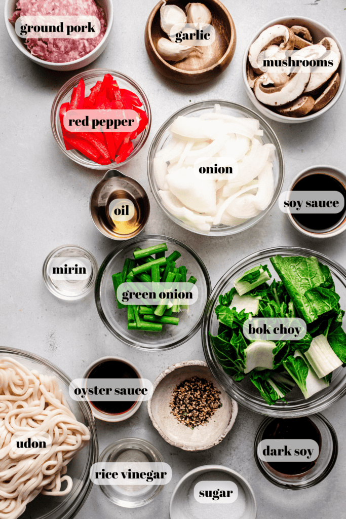 Ingredients for yaki udon labeled on counter. 