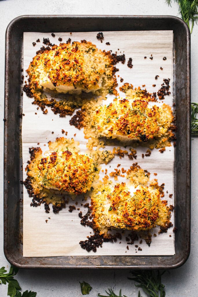 Baked cod filets that are coated in golden baked panko. 
