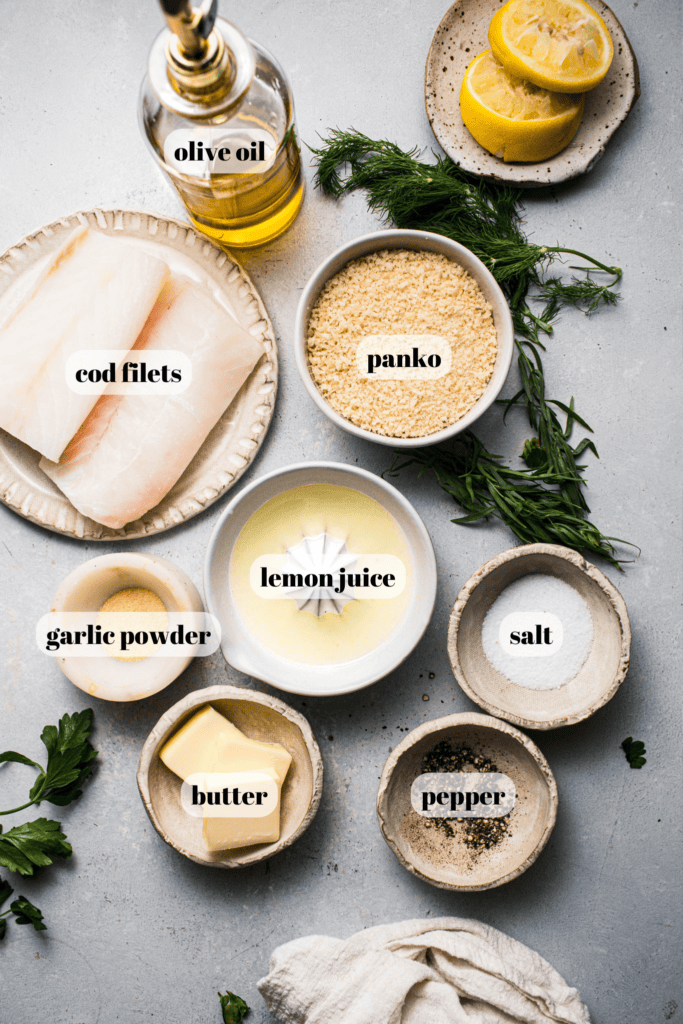 Ingredients for panko cod labeled on counter. 