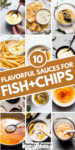 Collage of sauces for fish & chips with text overlay.