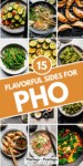 Collage of side dishes for pho with text overlay.