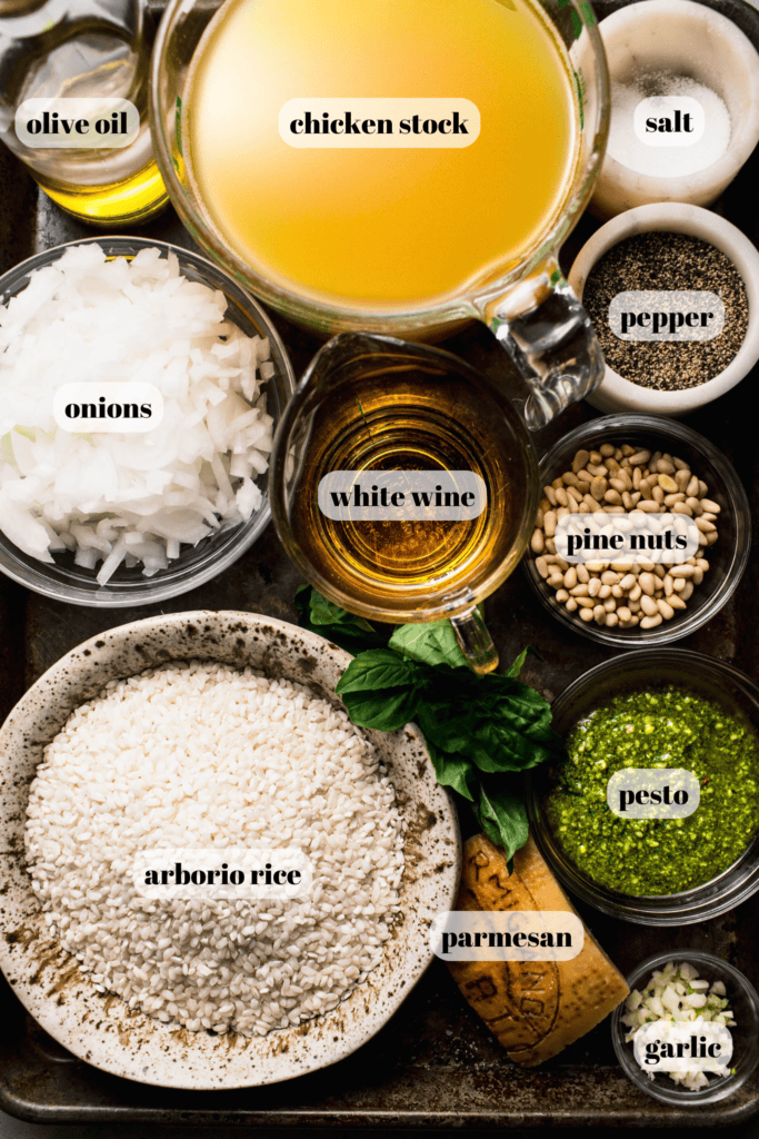 Ingredients for pesto risotto labeled on tray.