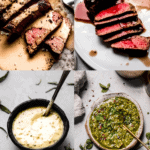 Collage of sauces for beef tenderloin.