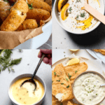 Collage of dipping sauces for fish sticks.