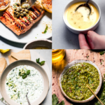 Collage of grilled salmon sauces.
