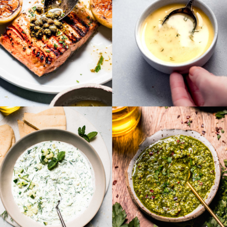 Collage of grilled salmon sauces.