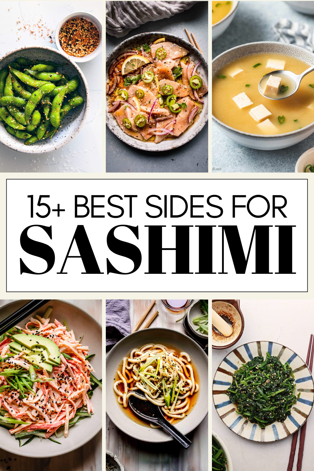 Collage of sides for sashimi with text overlay.