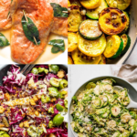 Collage of sides for chicken saltimbocca.