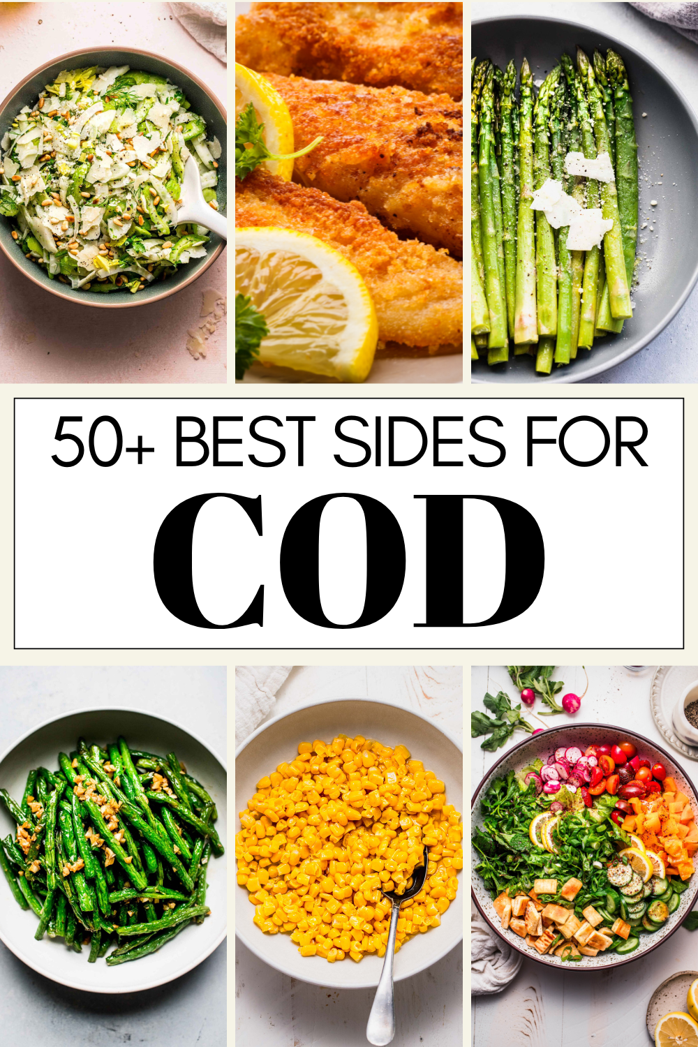 Collage of side dishes for cod with text overlay.