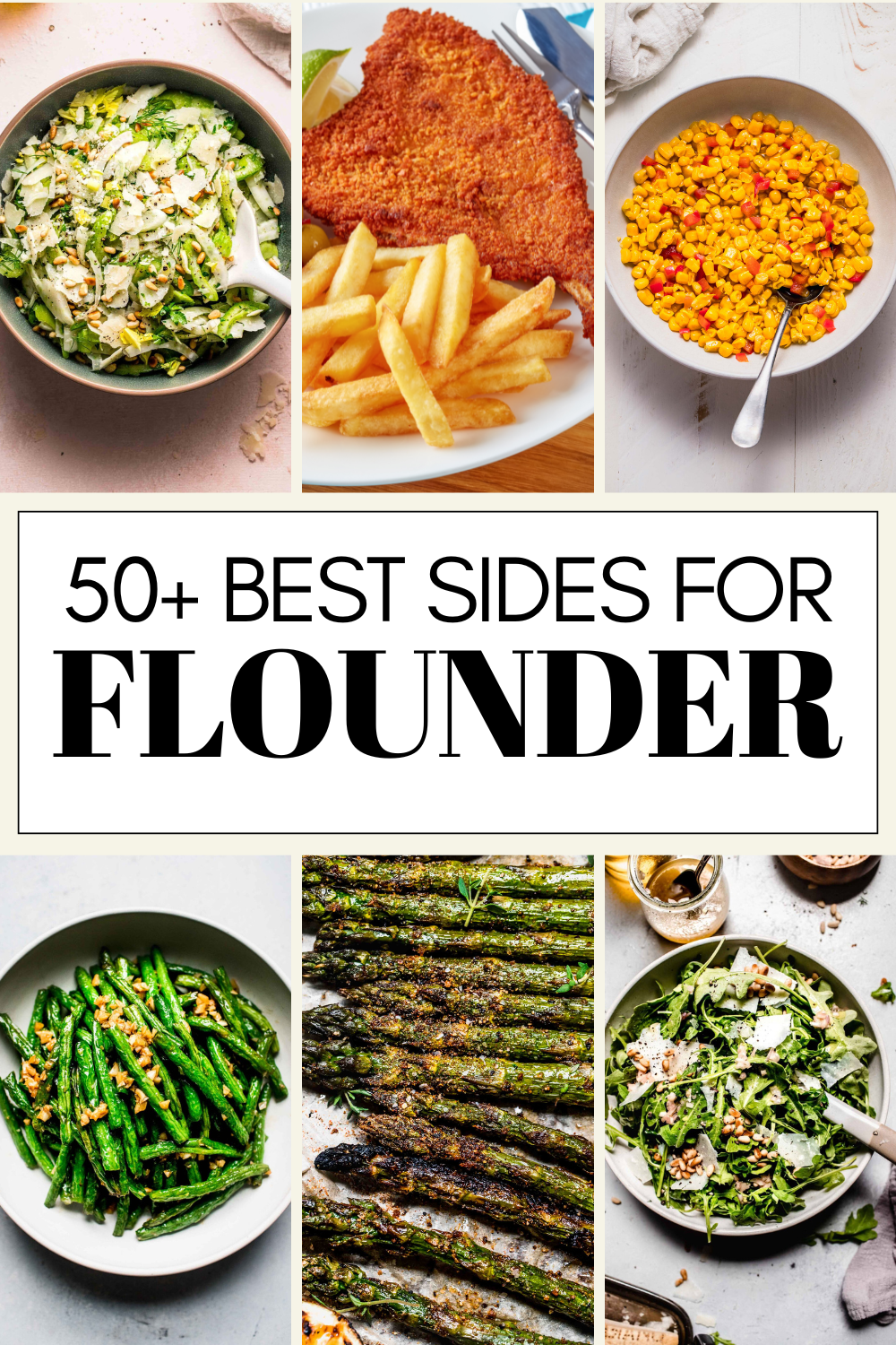 Collage of side dishes for flounder with text overlay.