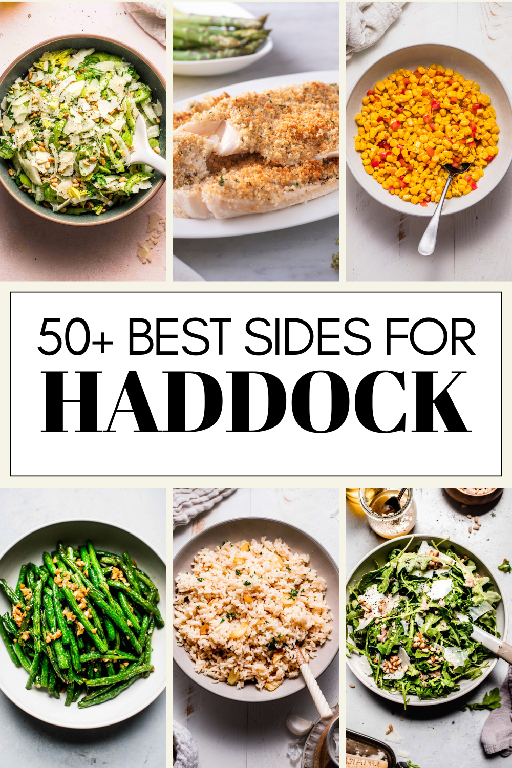Collage of sides for haddock with text overlay.
