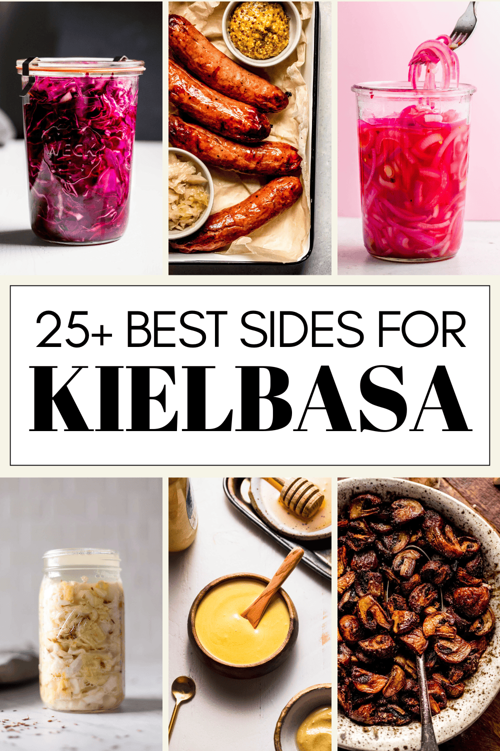Collage of sides for kielbasa with text overlay.
