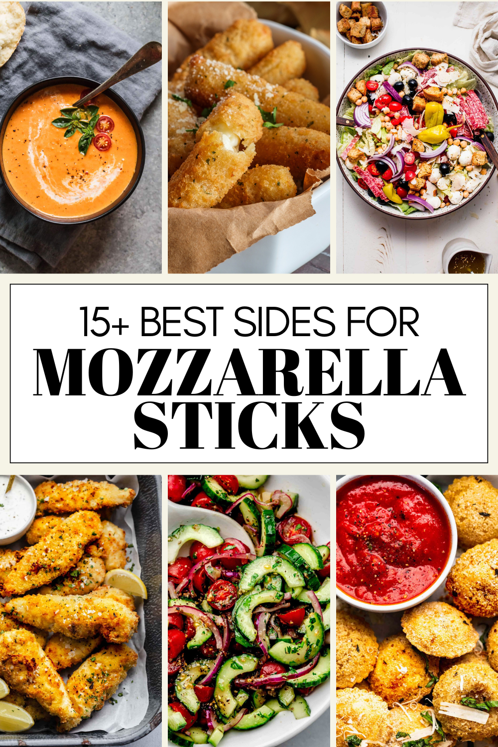 Collage of sides for mozzarella sticks with text overlay.