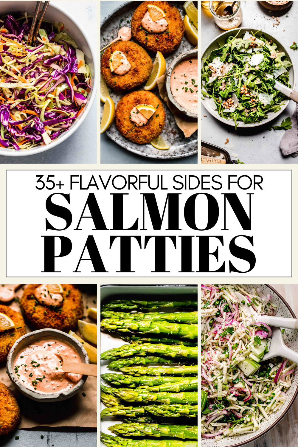 Collage of what to serve with salmon patties with text overlay.