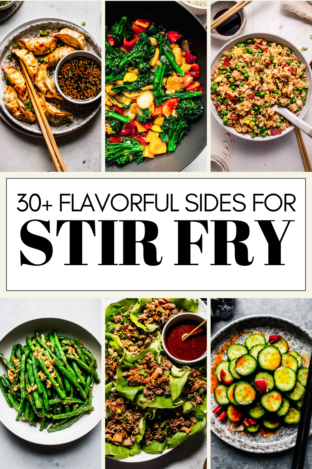 Collage of side dishes for stir fry with text overlay.