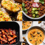 Collage of side dishes for twice baked potatoes.