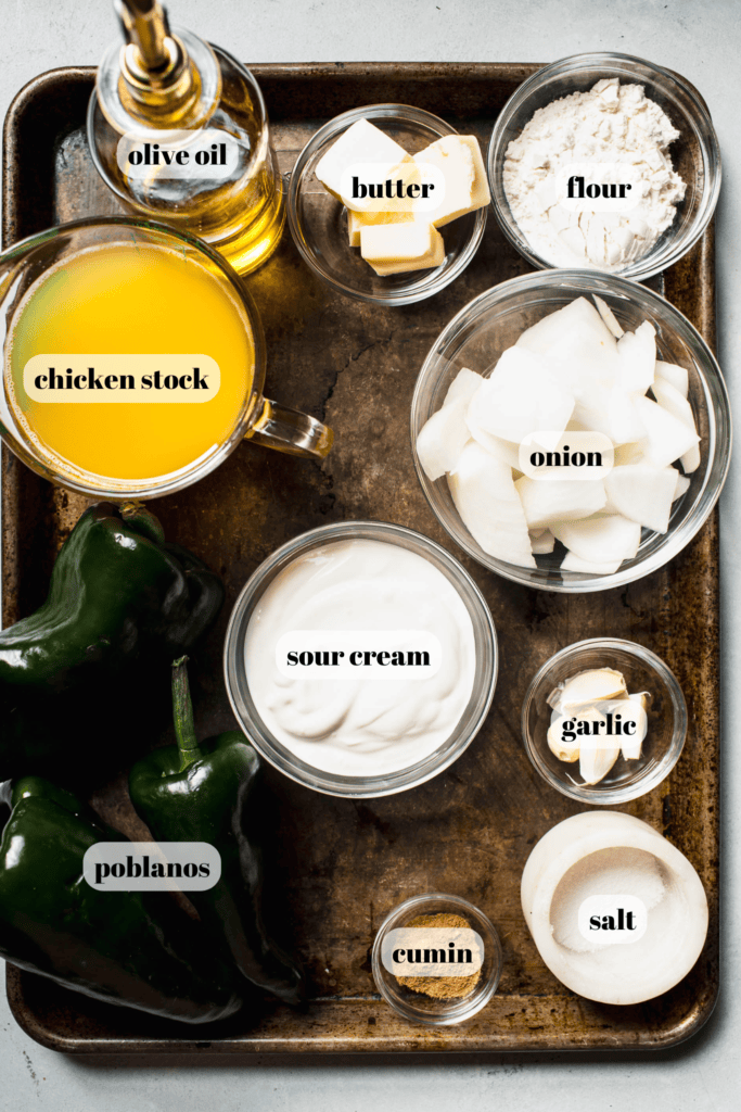Ingredients for poblano cream sauce labeled on tray.