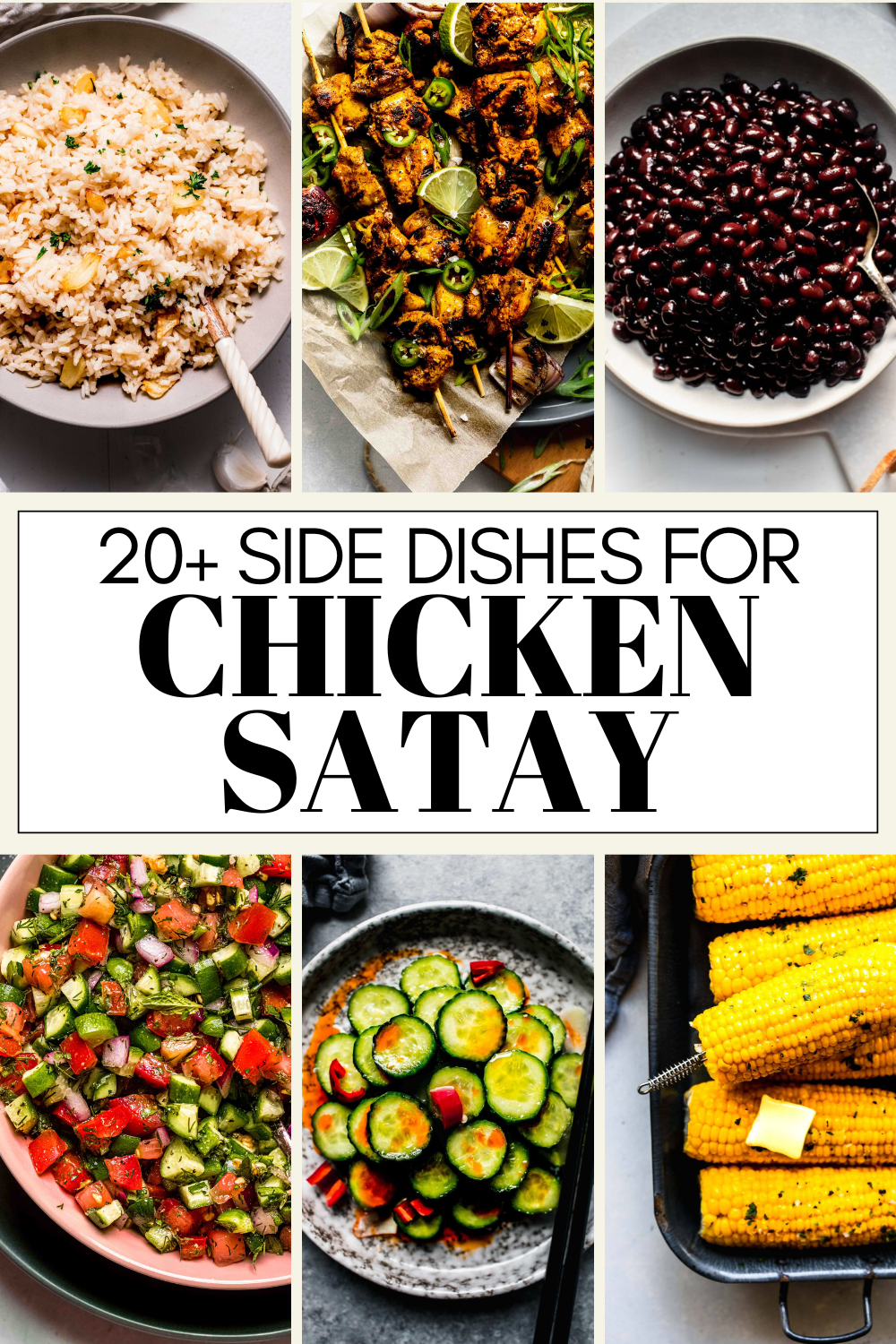 Collage of side dishes for chicken satay with text overlay.