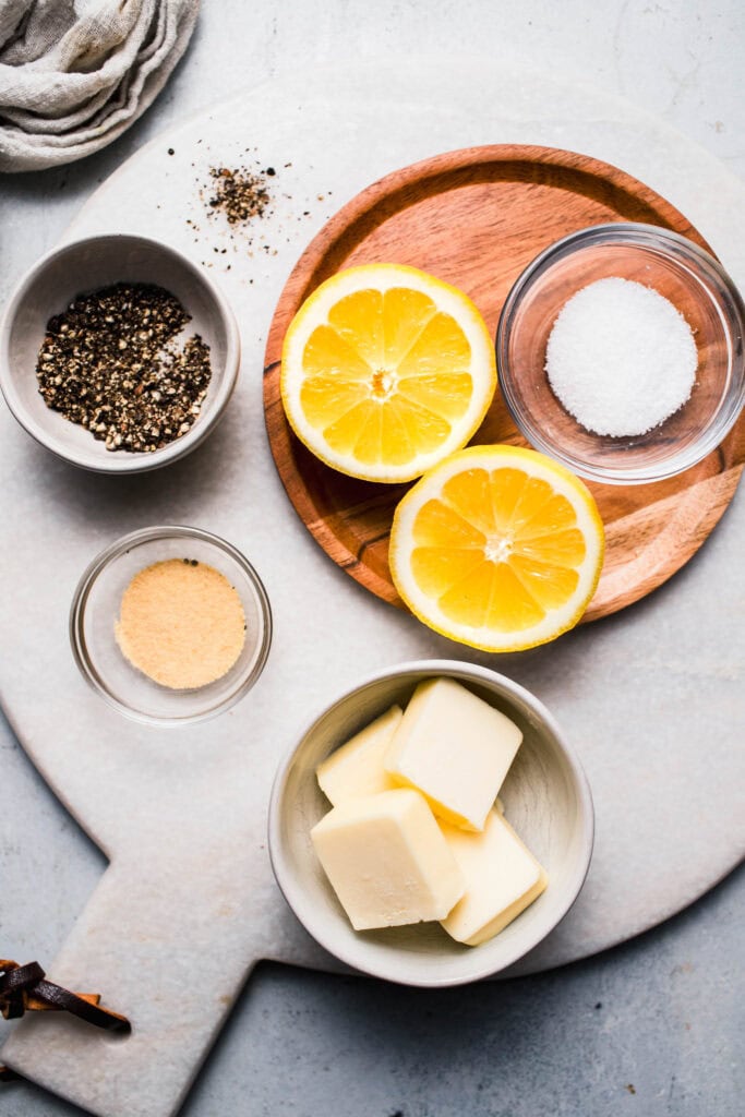 Ingredients for lemon pepper sauce on counter. 