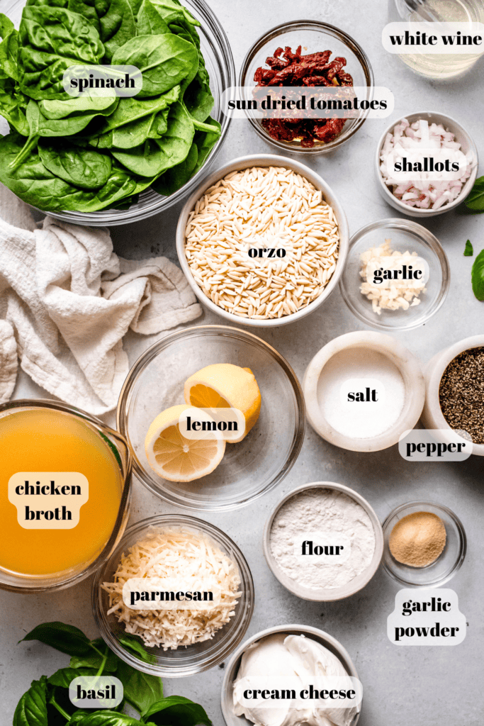 Ingredients for sun dried tomato orzo with chicken labeled on counter. 