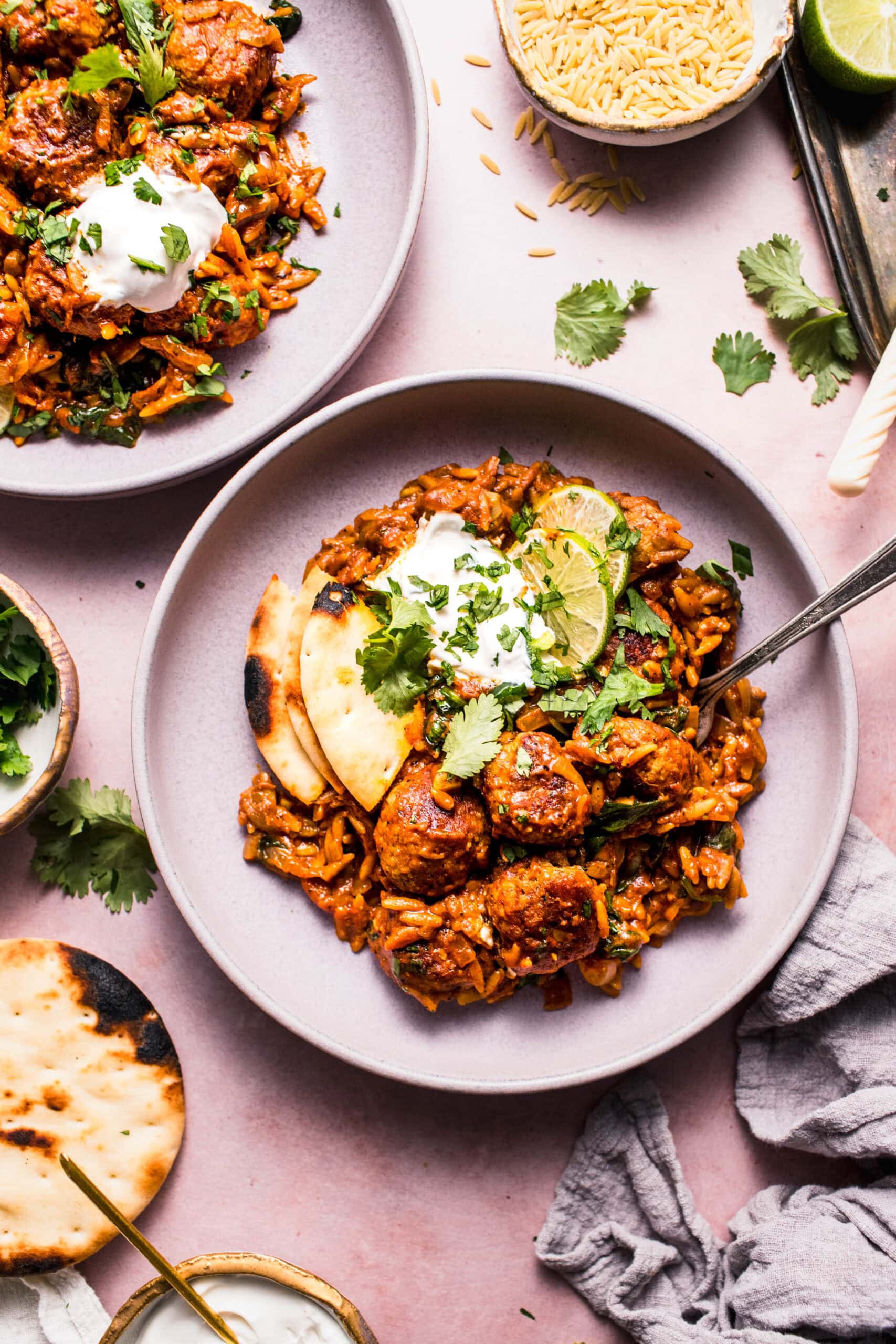 One Skillet Butter Chicken Meatballs with Orzo 