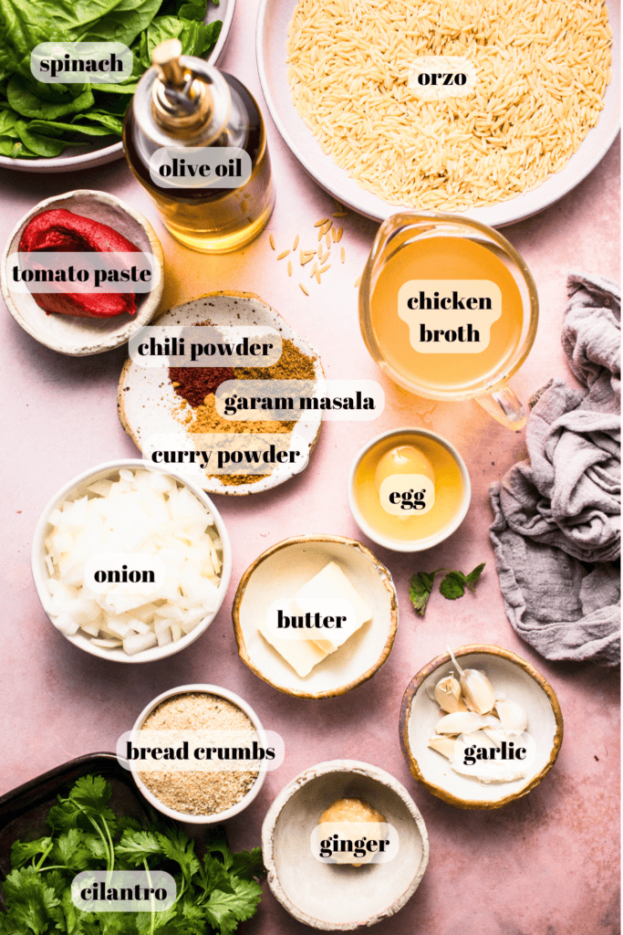 INGREDIENTS FOR BUTTER CHICKEN MEATBALLS LABELED ON COUNTER.