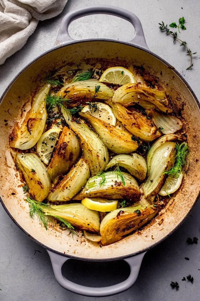 Finished braised fennel in skillet. 