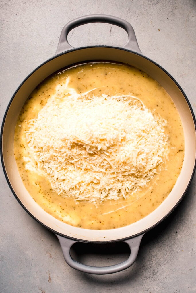 Parmesan added to skillet.