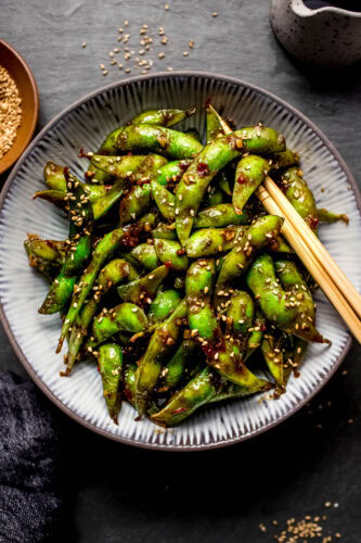 Overhead shot of spicy edamame in serving bowl.