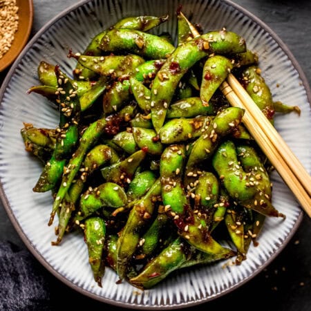 Overhead shot of spicy edamame in serving bowl.