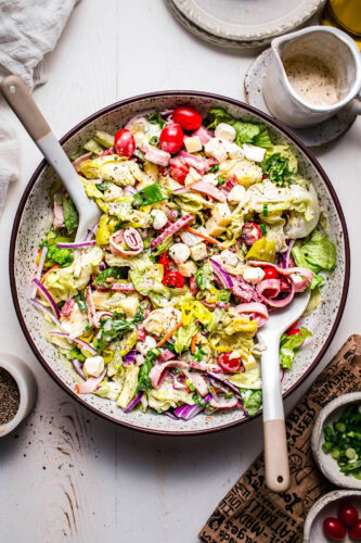 Chopped sub salad in serving bowl.