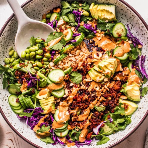 Prepared crispy rice salad in serving bowl with tongs.