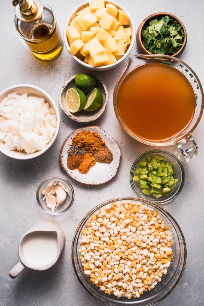 curry corn chowder ingredients on counter. 