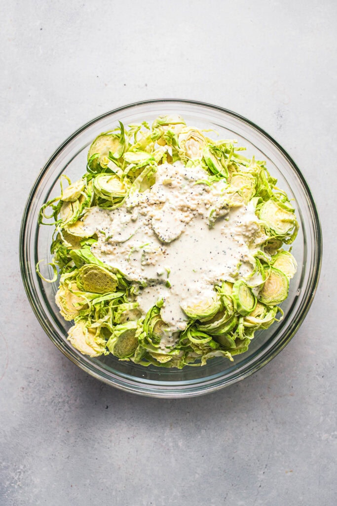 Shaved brussels sprouts in bowl. 