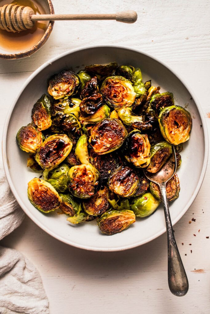 Brussels sprouts tossed with honey balsamic glaze. 