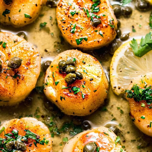 Sous vide scallops in skillet with lemon caper sauce.