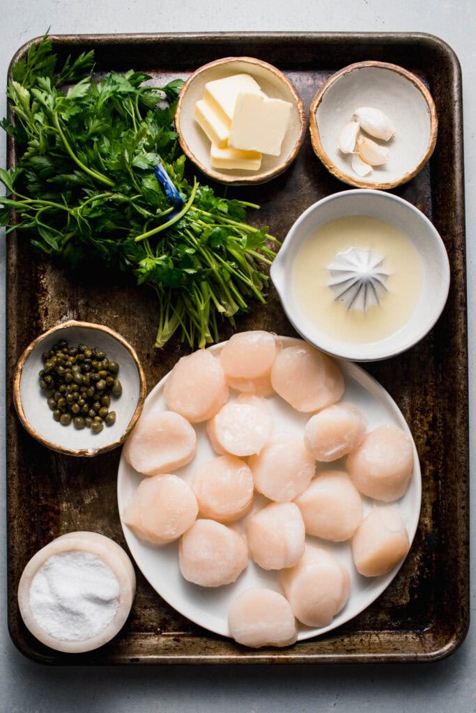Ingredients for sous vide scallops on counter.