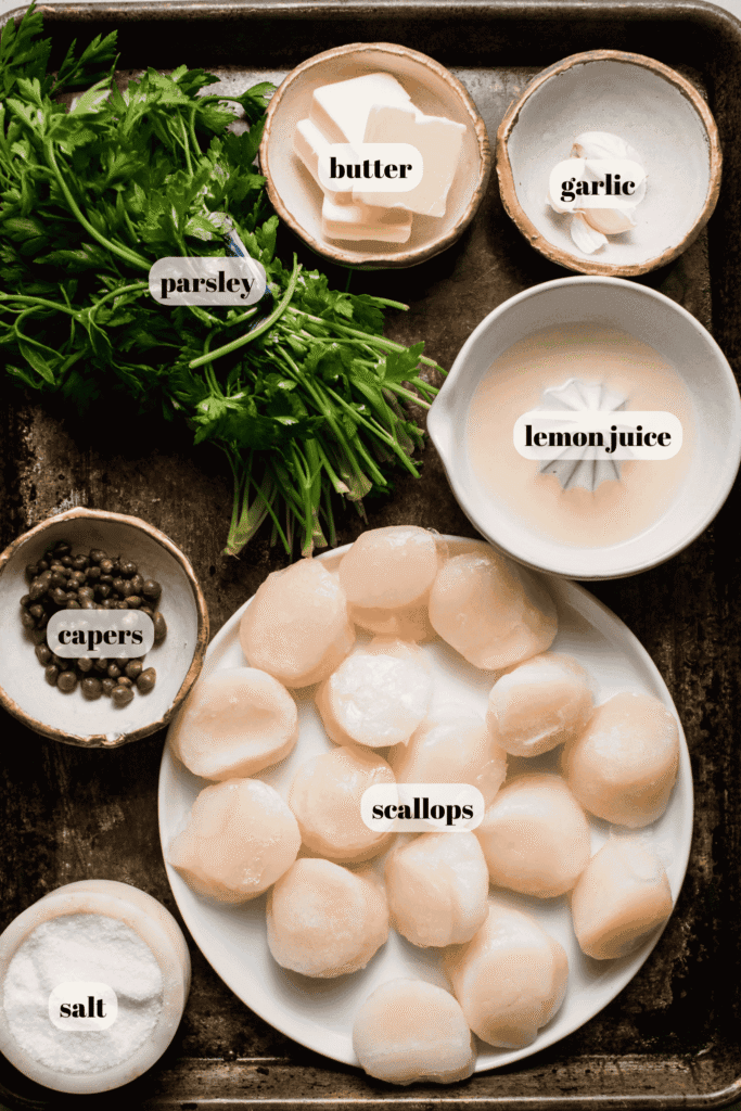 Ingredients for sous vide scallops labeled on counter.