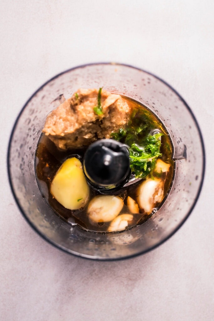 Miso sauce ingredients in food processor.