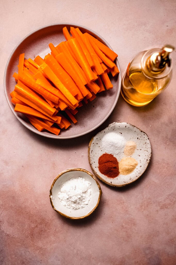 Ingredients for carrot fries on counter.