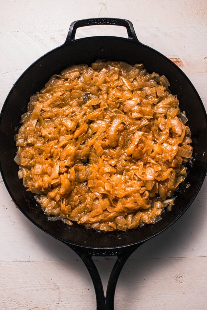 Caramelized onions in skillet.