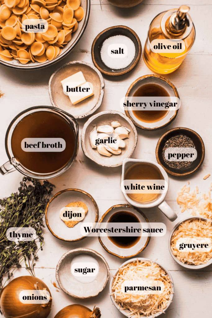 Ingredients for creamy french onion pasta labeled on counter. 