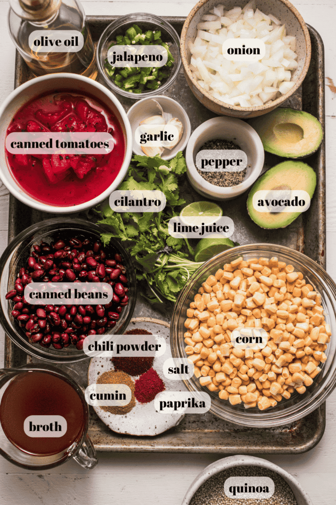 Ingredients for Mexican quinoa labeled on counter.