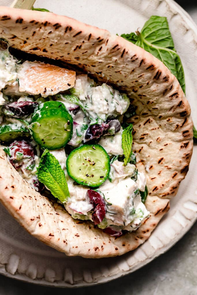 Tzatziki chicken salad stuffed into pita bread.