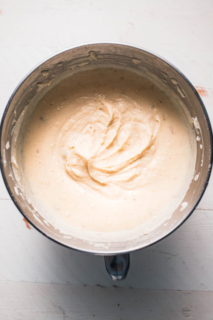 Mashed potatoes in mixing bowl.