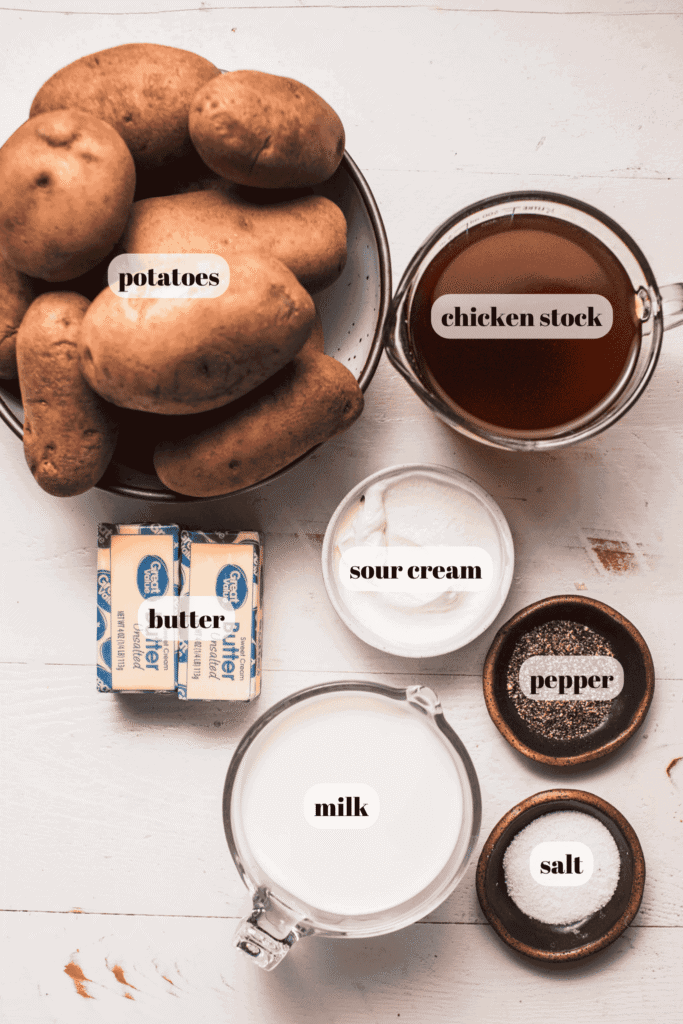 Ingredients for browned butter mashed potatoes labeled on counter.