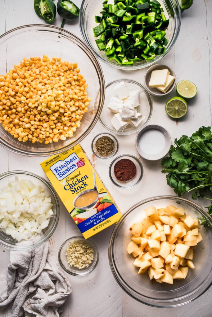 Ingredients for poblano soup on counter.
